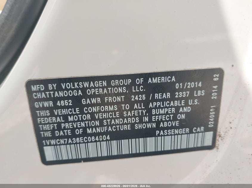 2014 VOLKSWAGEN PASSAT SEDAN 2.0L I-4 DI, DOHC, TURBO, 140HP