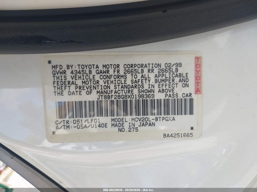 1999 Lexus Es 300 VIN: JT8BF28G8X0198369 Lot: 45228930
