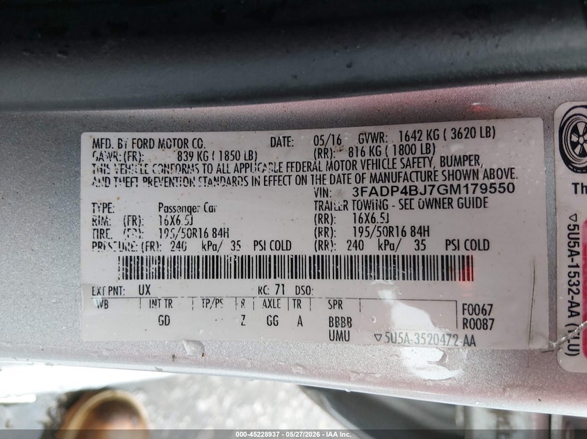 2016 Ford Fiesta Se VIN: 3FADP4BJ7GM179550 Lot: 45228937