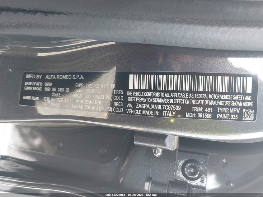 2020 Alfa Romeo Stelvio Sport Rwd VIN: ZASPAJAN9L7C97509 Lot: 45228961