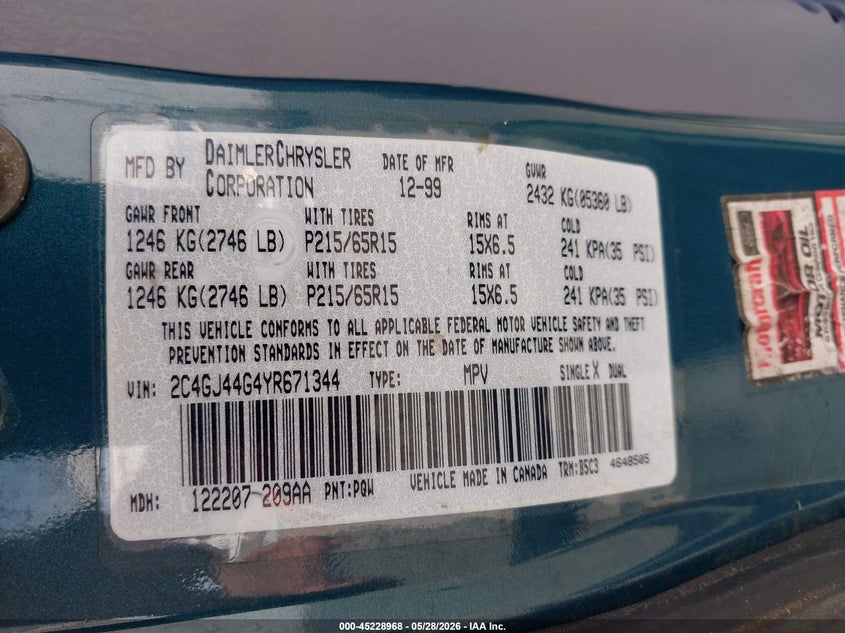 2000 Chrysler Grand Voyager Se VIN: 2C4GJ44G4YR671344 Lot: 45228968