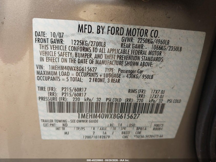 2008 Mercury Sable VIN: 1MEHM40WX8G615627 Lot: 45228985