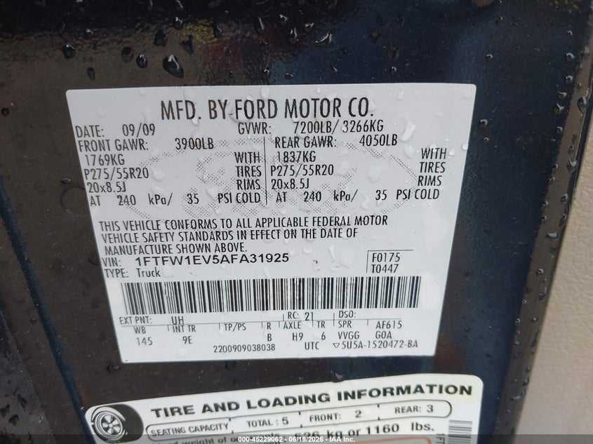 FORD F-150 2010 VIN 1FTFW1EV5AFA31925