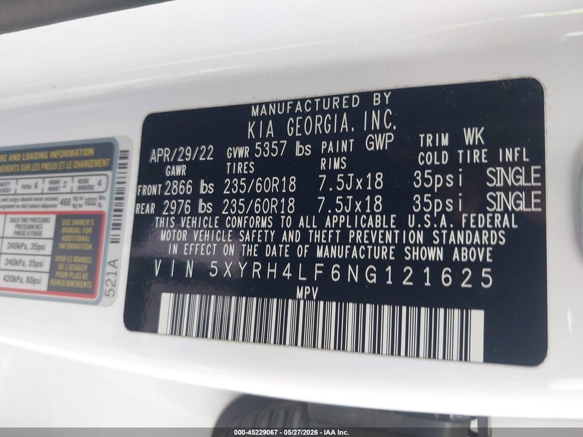 2022 Kia Sorento Ex VIN: 5XYRH4LF6NG121625 Lot: 45229067