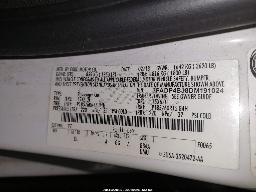 2013 Ford Fiesta Se VIN: 3FADP4BJ8DM191024 Lot: 45229085