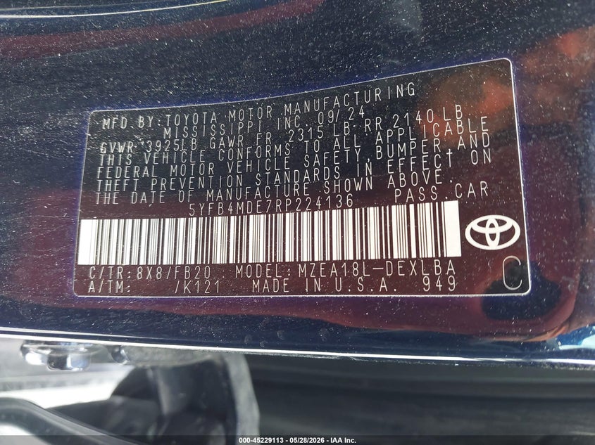 2024 TOYOTA COROLLA SEDAN 2.0L I-4 DI, DOHC, VVT, 169HP