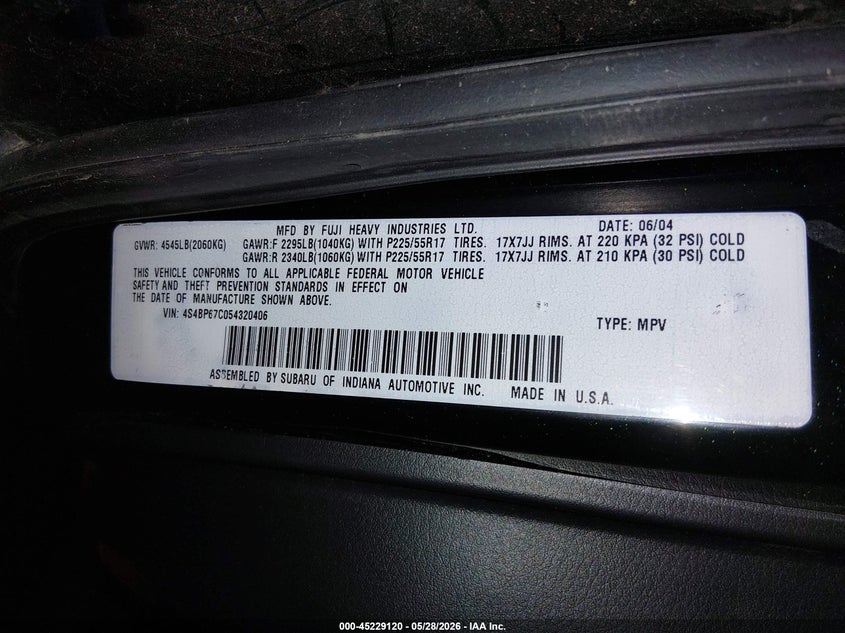 2005 Subaru Outback 2.5Xt Limited VIN: 4S4BP67C054320406 Lot: 45229120