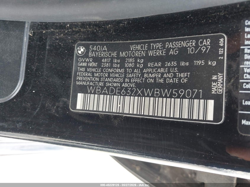 1998 BMW 540Ia VIN: WBADE632XWBW59071 Lot: 45229125