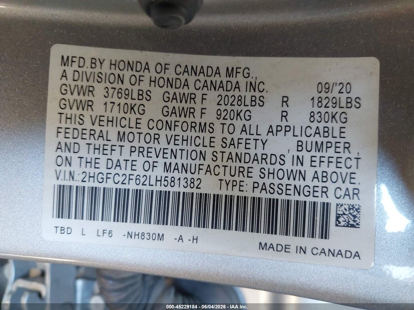 VIN 2HGFC2F62LH581382 2020 HONDA CIVIC LX