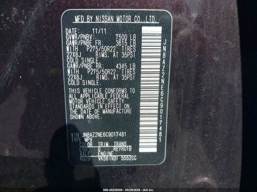 2012 Infiniti Qx56 VIN: JN8AZ2NE6C9017481 Lot: 45229209