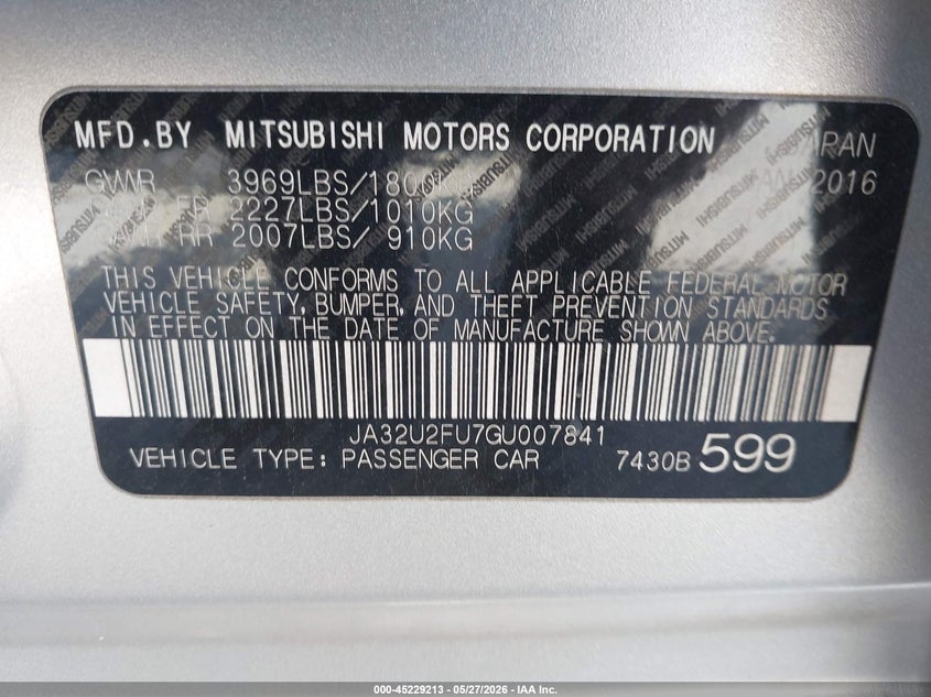 2016 Mitsubishi Lancer Es VIN: JA32U2FU7GU007841 Lot: 45229213