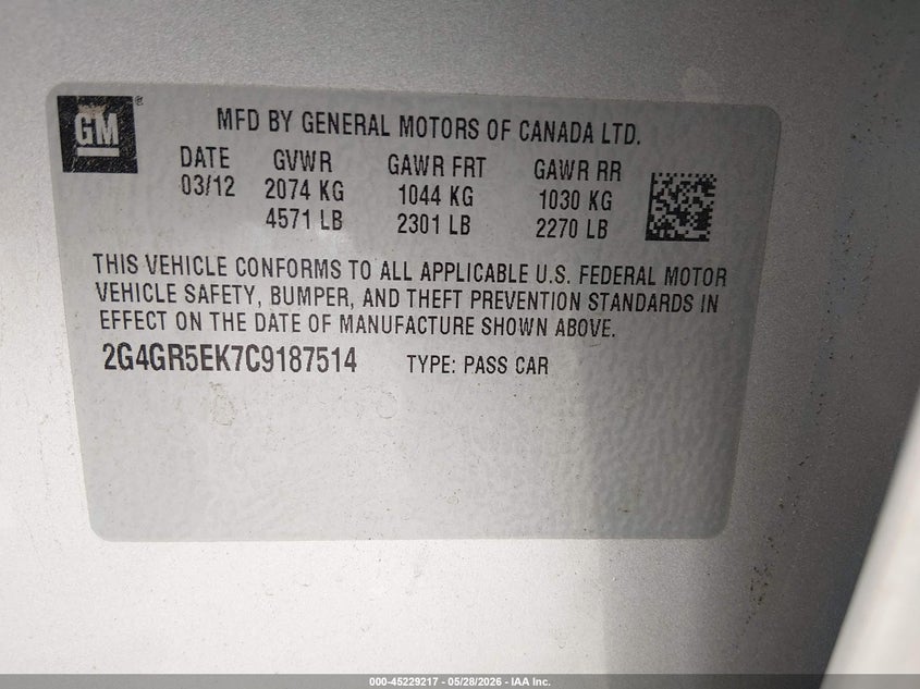 2012 Buick Regal VIN: 2G4GR5EK7C9187514 Lot: 45229217