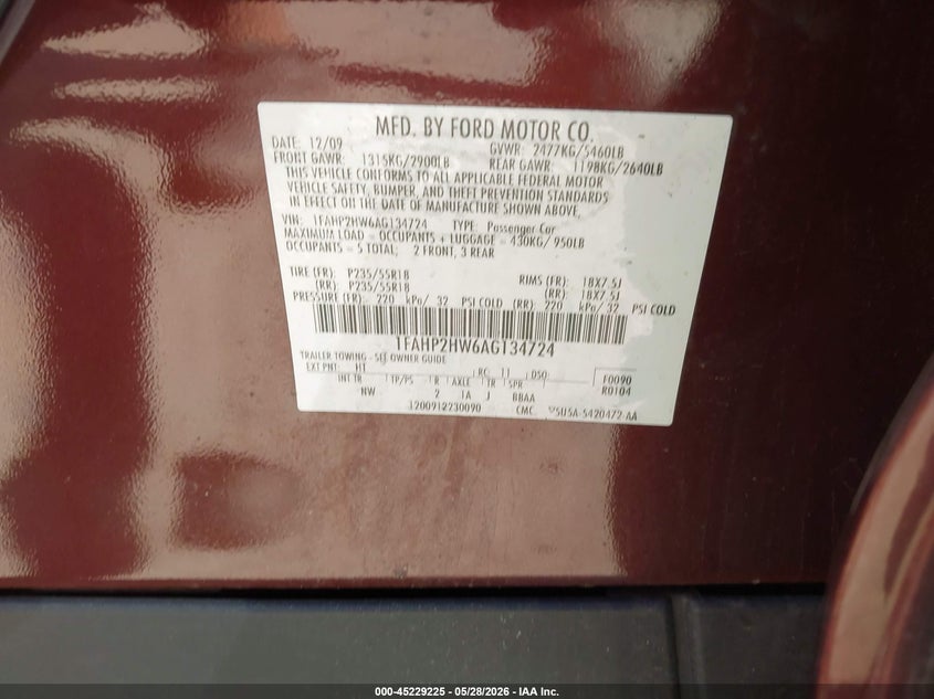 FORD TAURUS 2010 VIN 1FAHP2HW6AG134724
