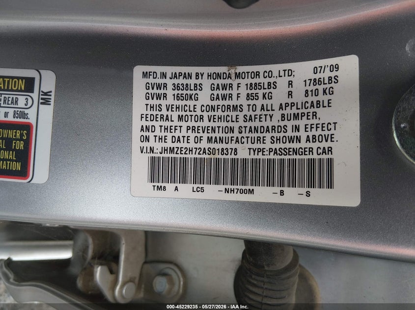 2010 Honda Insight Ex VIN: JHMZE2H72AS018378 Lot: 45229235