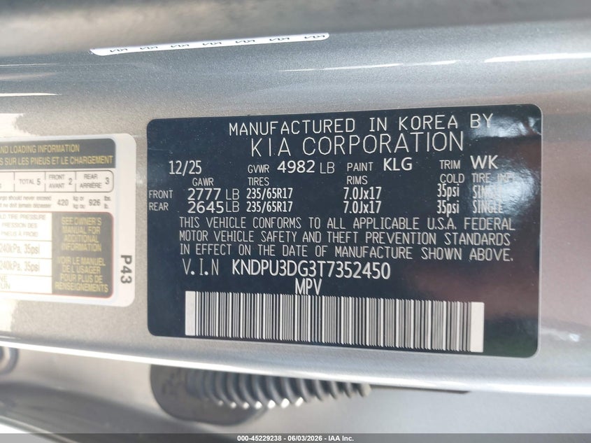 2026 Kia Sportage Hybrid Lx VIN: KNDPU3DG3T7352450 Lot: 45229238