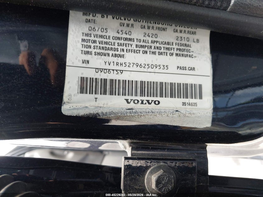 2006 Volvo S60 R VIN: YV1RH527962509535 Lot: 45229243