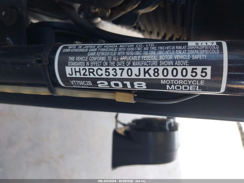 2018 Honda Vt750 C2B VIN: JH2RC5370JK800055 Lot: 45229304