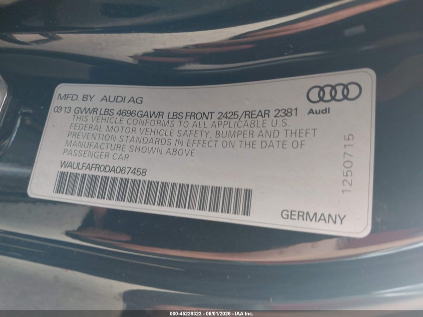 2013 Audi A5 2.0T Premium VIN: WAULFAFR0DA067458 Lot: 45229323