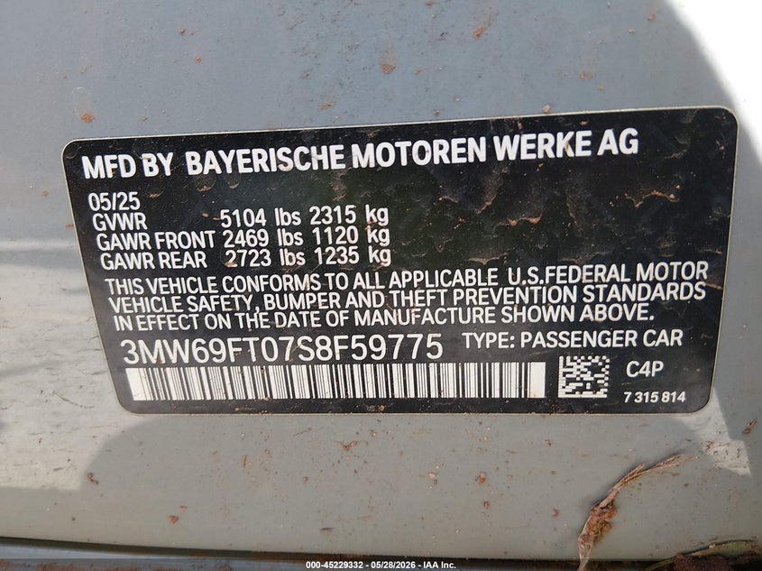 BMW M340I 2025 VIN 3MW69FT07S8F59775