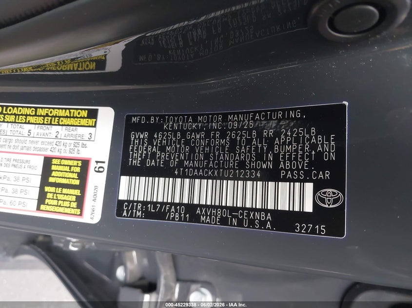 VIN 4T1DAACKXTU212334 2026 TOYOTA CAMRY LE