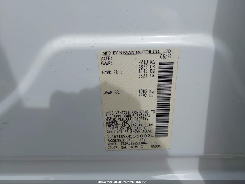 2022 Nissan Leaf S Plus 62 Kwh VIN: 1N4BZ1BVXNC550024 Lot: 45229370