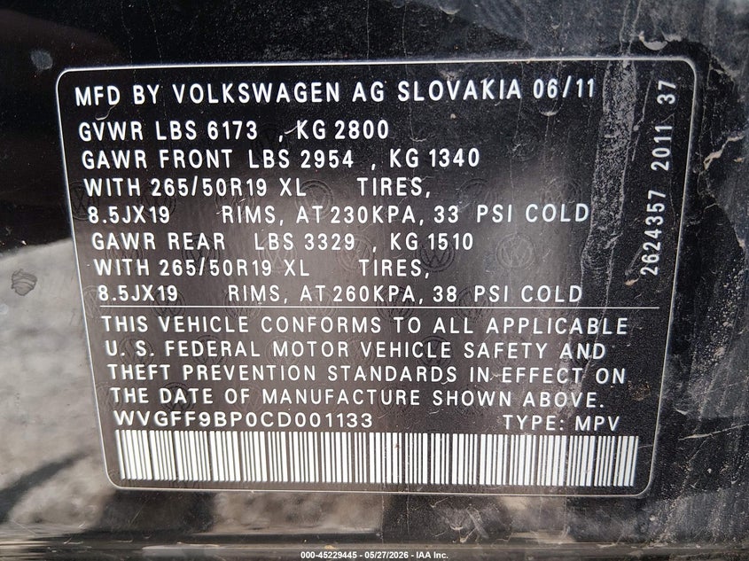 2012 Volkswagen Touareg Vr6 Lux VIN: WVGFF9BP0CD001133 Lot: 45229445