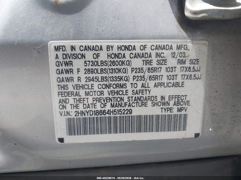 2004 Acura Mdx VIN: 2HNYD18664H515229 Lot: 45229519