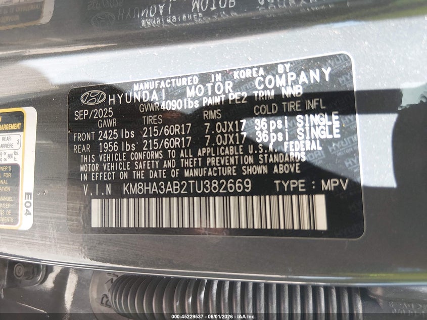 2026 Hyundai Kona Se VIN: KM8HA3AB2TU382669 Lot: 45229537