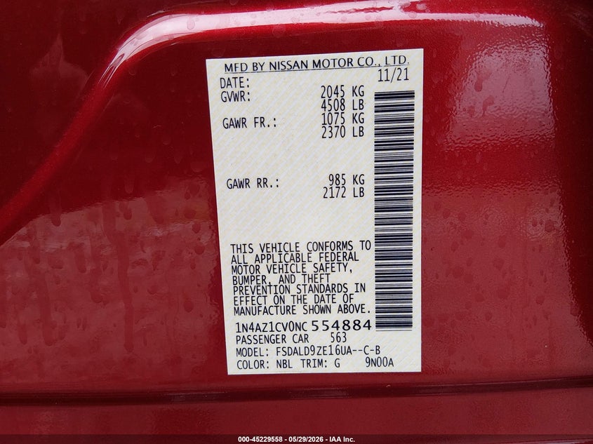 2022 Nissan Leaf Sv 40 Kwh VIN: 1N4AZ1CV0NC554884 Lot: 45229558