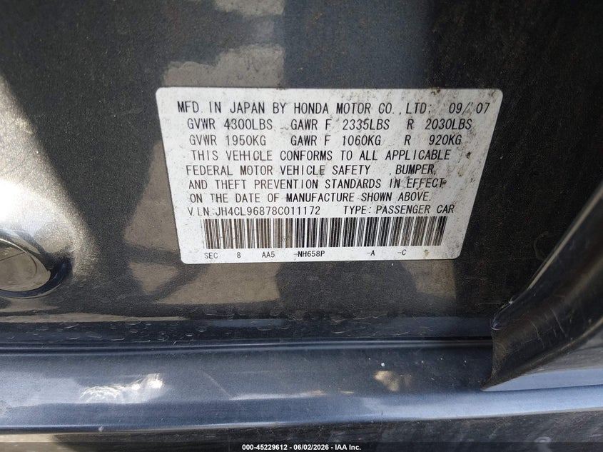 2008 Acura Tsx VIN: JH4CL96878C011172 Lot: 45229612