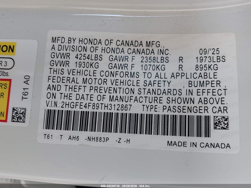 VIN 2HGFE4F89TH312867 2026 HONDA CIVIC HYBRID SPORT/SPORT TOURING