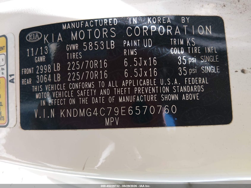 2014 Kia Sedona Lx VIN: KNDMG4C79E6570760 Lot: 45229732