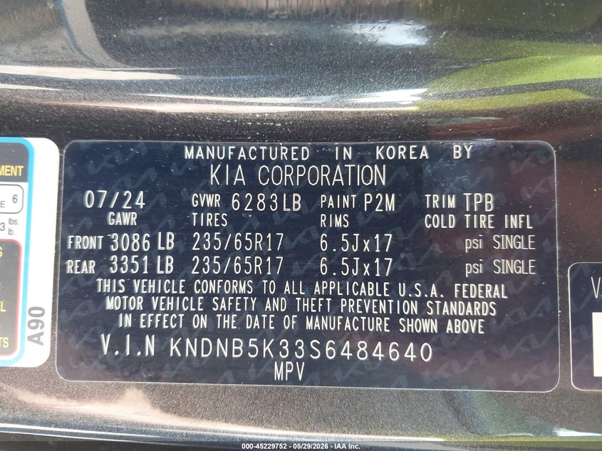 2025 Kia Carnival Mpv Lxs VIN: KNDNB5K33S6484640 Lot: 45229752