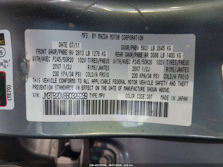 2011 Mazda Cx-9 Grand Touring VIN: JM3TB2DV8B0329239 Lot: 45229796