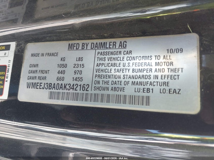 2010 Smart Fortwo Passion/Pure VIN: WMEEJ3BA0AK342162 Lot: 45229808