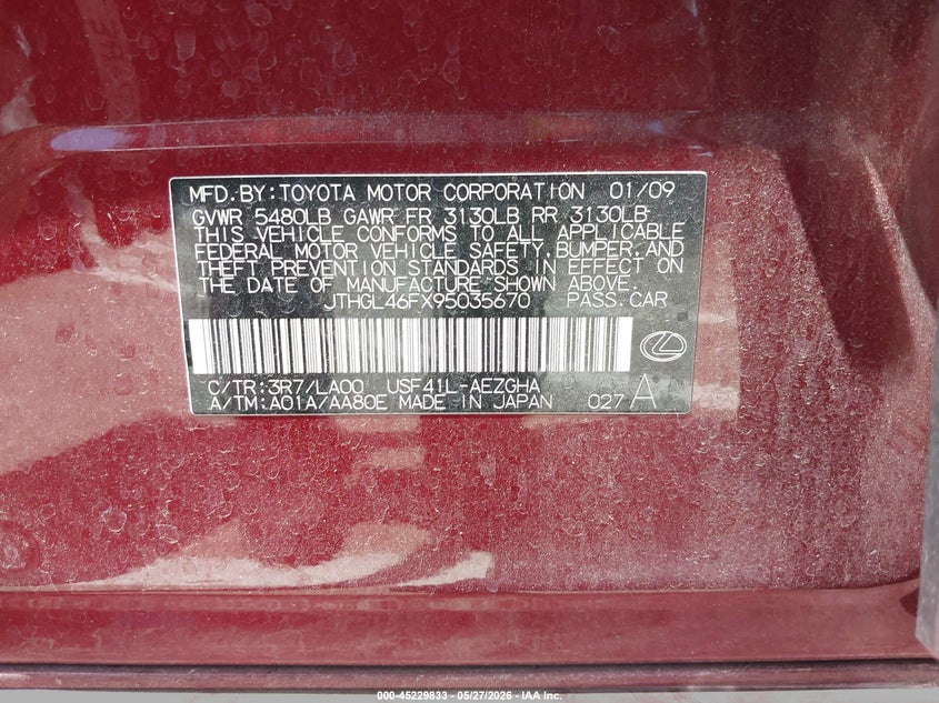 2009 Lexus Ls 460 L VIN: JTHGL46FX95035670 Lot: 45229833