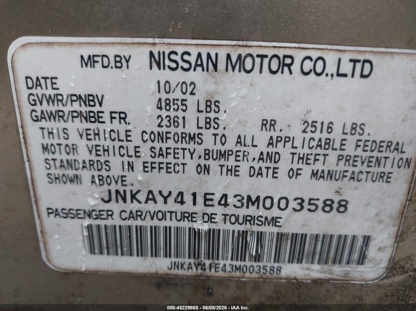 2003 Infiniti M45 Sport VIN: JNKAY41E43M003588 Lot: 45229865