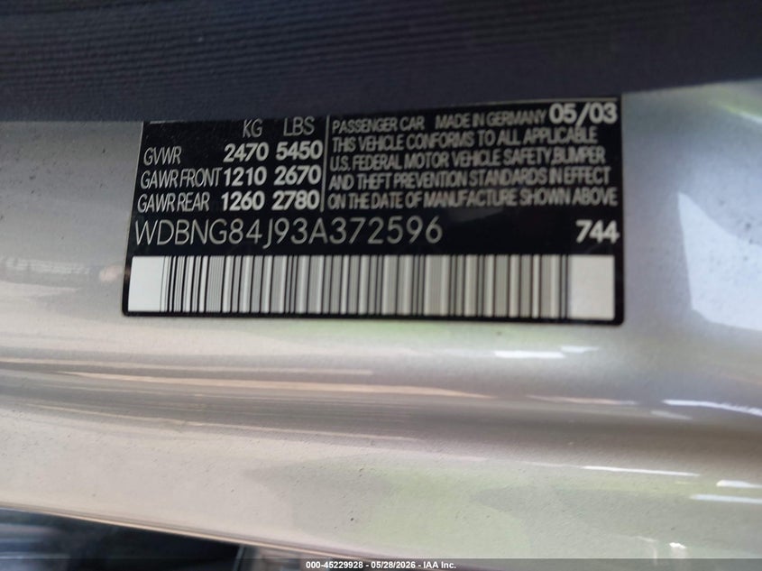 2003 Mercedes-Benz S 500 VIN: WDBNG84J93A372596 Lot: 45229928
