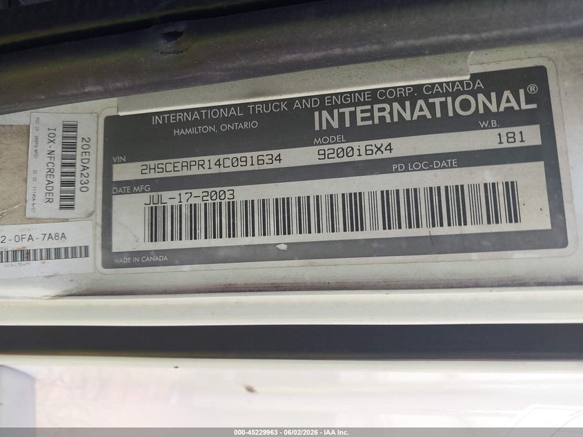 2004 International 9200 9200I VIN: 2HSCEAPR14C091634 Lot: 45229963