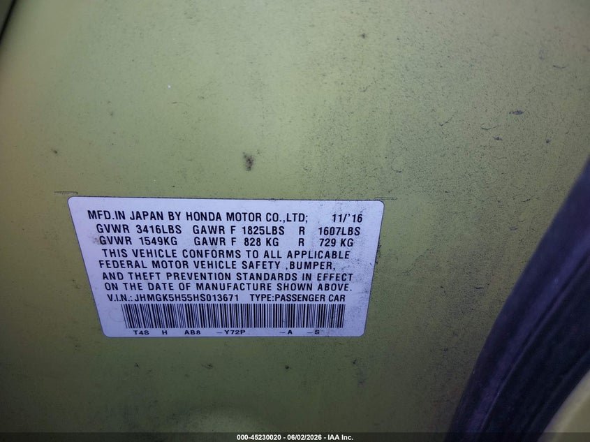 2017 Honda Fit Lx VIN: JHMGK5H55HS013671 Lot: 45230020