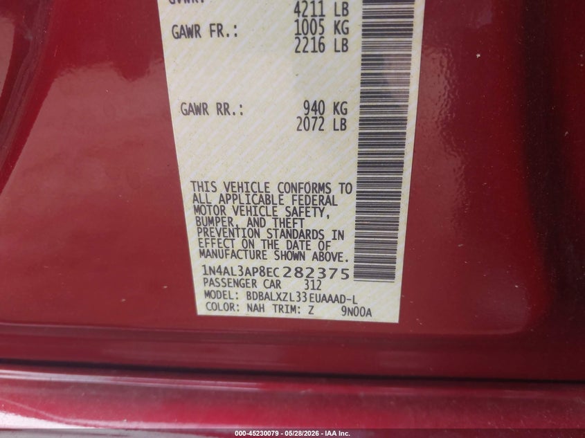 NISSAN ALTIMA 2014 VIN 1N4AL3AP8EC282375