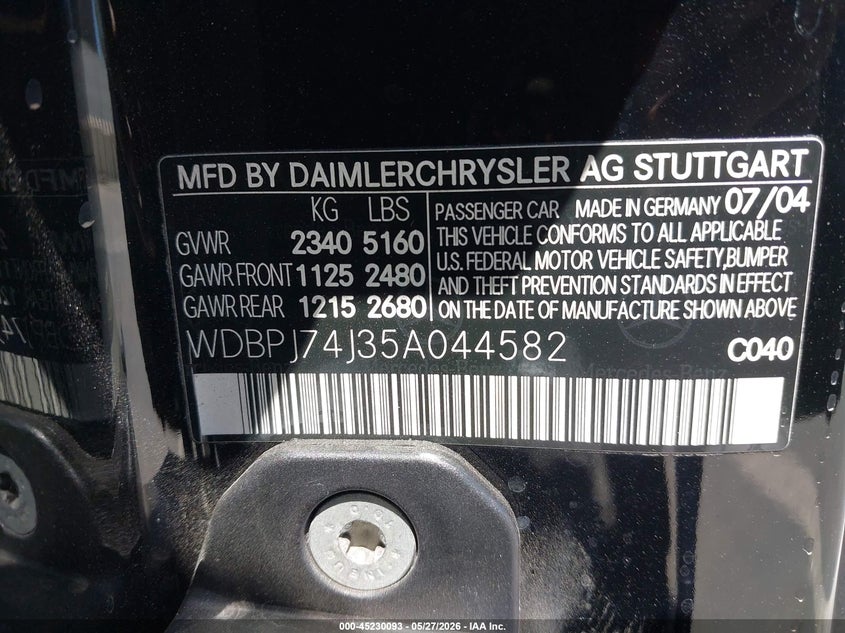2005 Mercedes-Benz Cl 55 Amg VIN: WDBPJ74J35A044582 Lot: 45230093