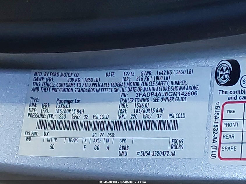 2016 Ford Fiesta S VIN: 3FADP4AJ8GM142606 Lot: 45230101