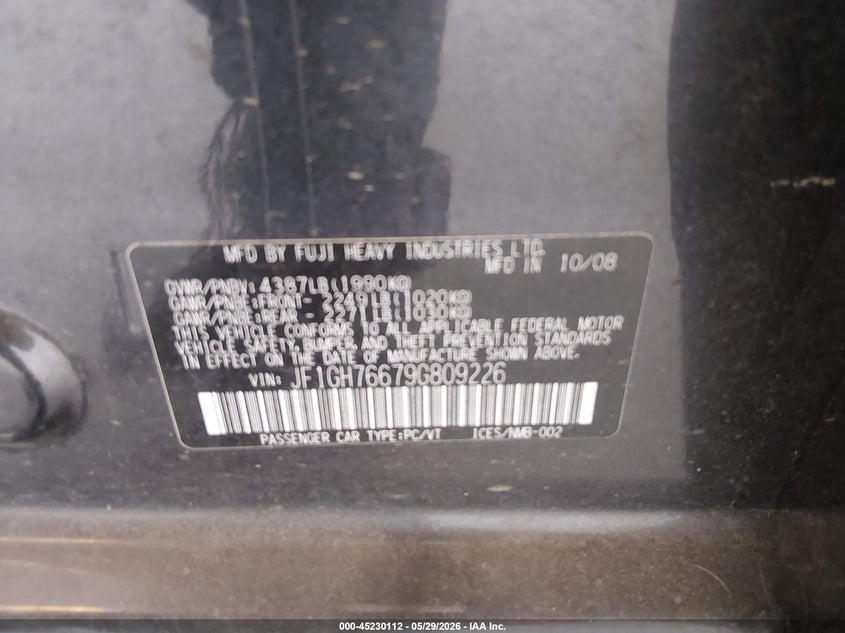 2009 Subaru Impreza Wrx VIN: JF1GH76679G809226 Lot: 45230112