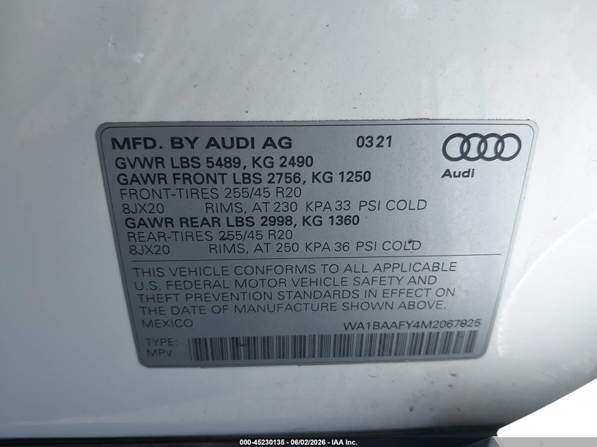 2021 Audi Q5 Premium Plus 45 Tfsi Quattro S Tronic VIN: WA1BAAFY4M2067925 Lot: 45230135