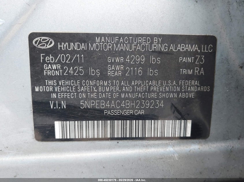 2011 HYUNDAI SONATA SEDAN 2.4L I-4 DI, DOHC, VVT, 198HP