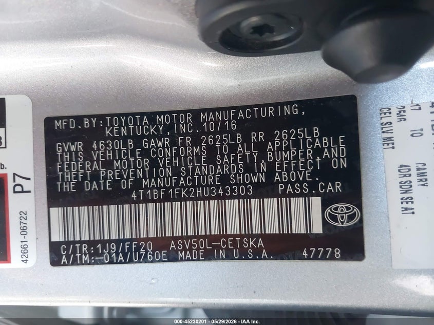 2017 TOYOTA CAMRY SEDAN 2.5L I-4 DOHC, VVT, 178HP
