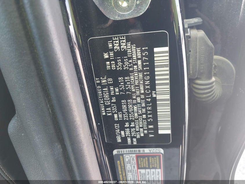 2022 Kia Sorento S VIN: 5XYRL4LCXNG111751 Lot: 45230227