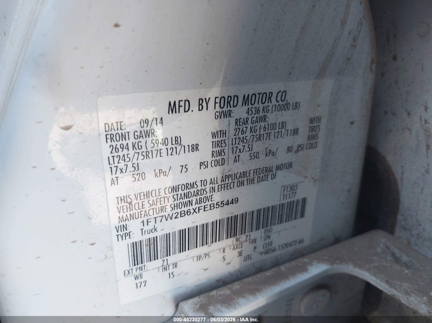 2015 Ford F-250 Xl VIN: 1FT7W2B6XFEB55449 Lot: 45230277