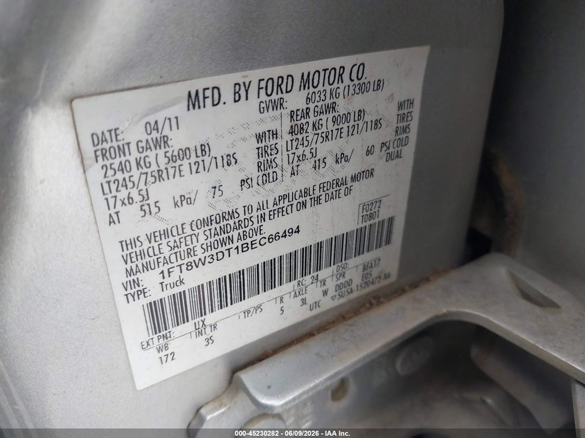 2011 Ford F-350 Xlt VIN: 1FT8W3DT1BEC66494 Lot: 45230282